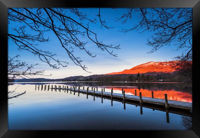 Old Man of Coniston from Coniston water at sunrise Framed Print by John Finney