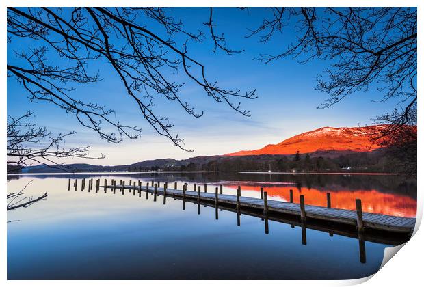 Old Man of Coniston from Coniston water at sunrise Print by John Finney