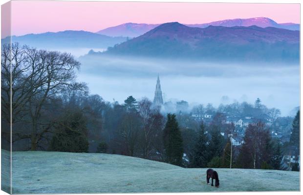 Ambleside Mist & Frost at sunrise, Lake District Canvas Print by John Finney
