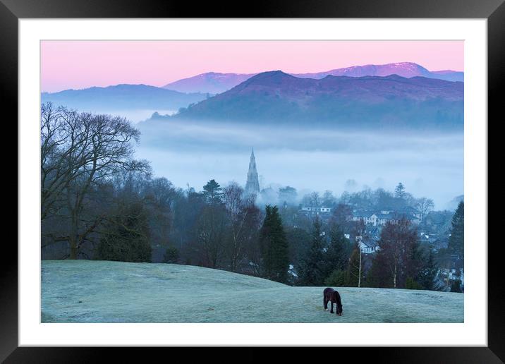 Ambleside Mist & Frost at sunrise, Lake District Framed Mounted Print by John Finney