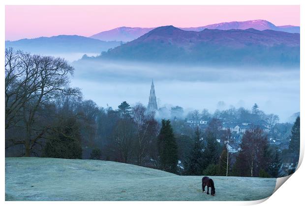 Ambleside Mist & Frost at sunrise, Lake District Print by John Finney