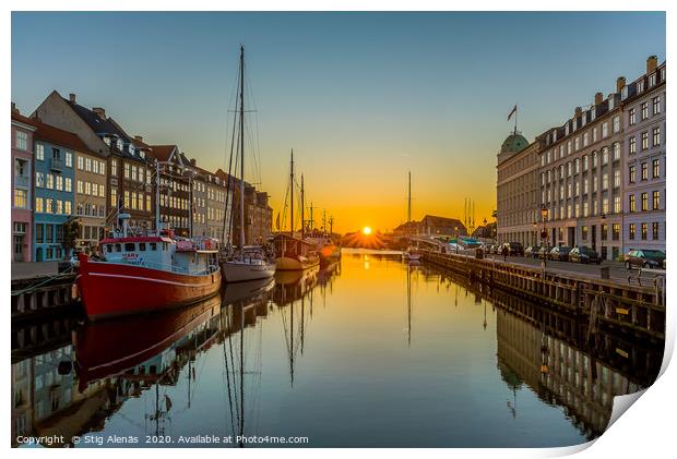 The Copenhagen Nyhavn Canal and the sunrise over t Print by Stig Alenäs