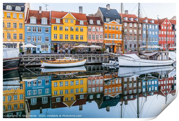 Reflections of colourful houses in the water of Ny Print by Stig Alenäs