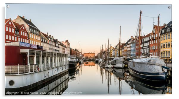 Sunrise over the calm water at Nyhavn harbor  in C Acrylic by Stig Alenäs