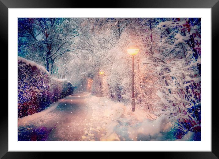 magic snowfall at night Framed Mounted Print by Luisa Vallon Fumi