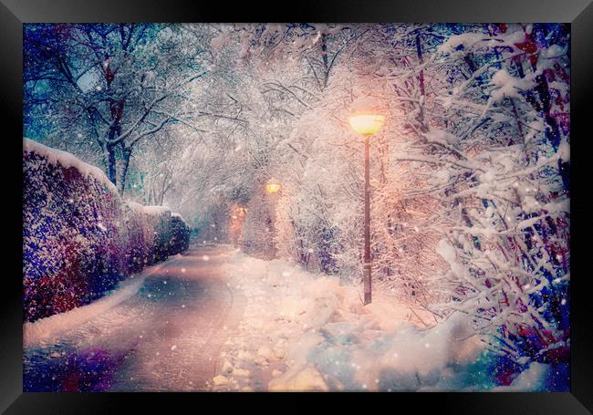 magic snowfall at night Framed Print by Luisa Vallon Fumi