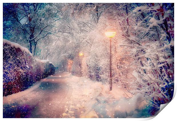 magic snowfall at night Print by Luisa Vallon Fumi