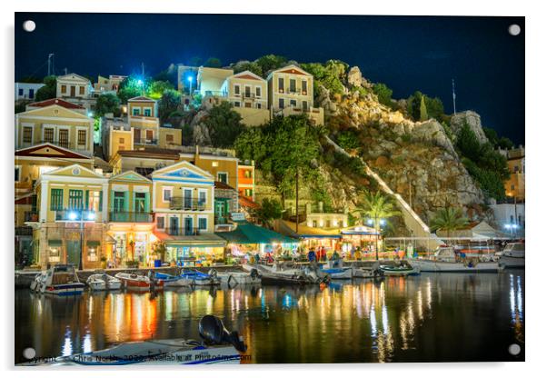 Symi Harbour at night. Acrylic by Chris North