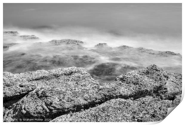 Waves on rocks monochrome Print by Graham Moore