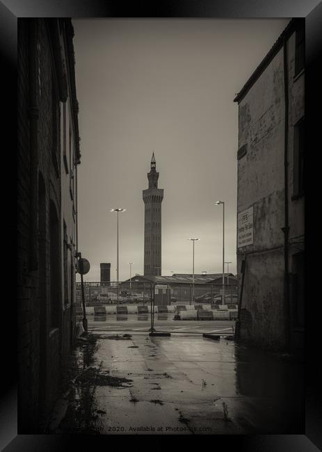 Grimsby Dock Tower during a Winter Storm Framed Print by James Aston