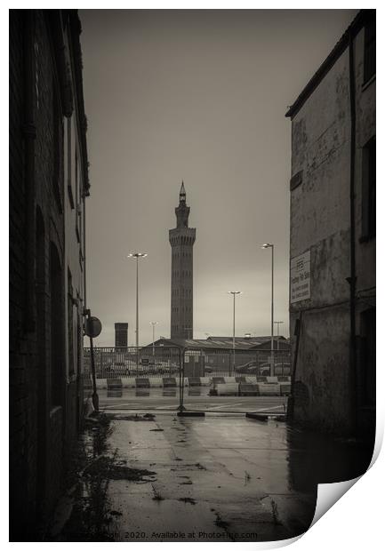 Grimsby Dock Tower during a Winter Storm Print by James Aston