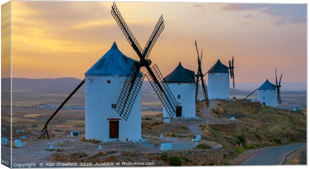 Sunset on the windmills at Consuegra, Spain Canvas Print by Alan Crawford
