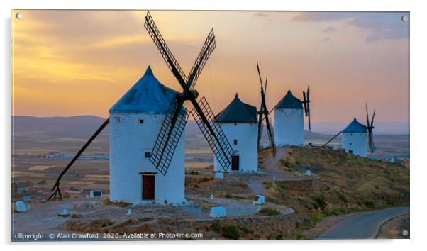 Sunset on the windmills at Consuegra, Spain Acrylic by Alan Crawford