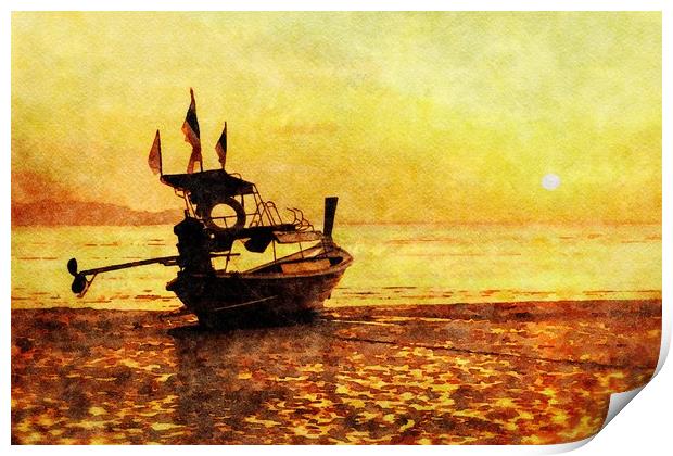 Long tail boat on Pak Meng beach, Trang province,  Print by Kevin Hellon