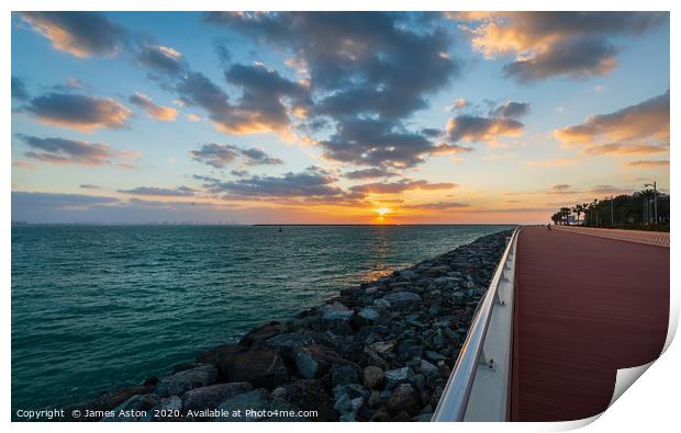 A Winters Sunset over the Palm Board Walk Dubai Print by James Aston
