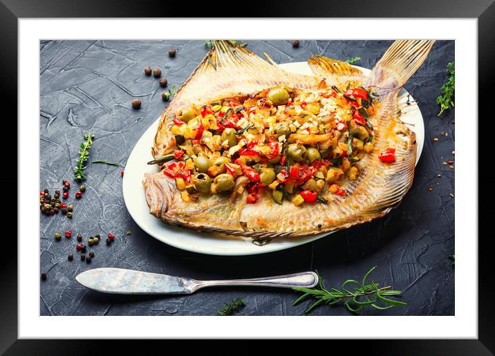 Fried flounder stuffed with vegetables Framed Mounted Print by Mykola Lunov Mykola