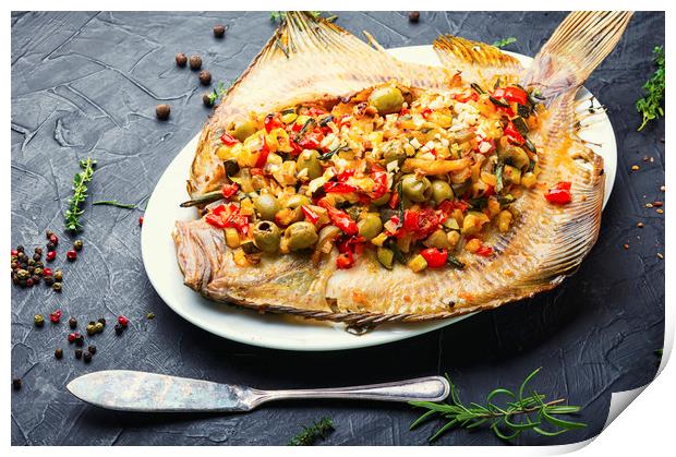 Fried flounder stuffed with vegetables Print by Mykola Lunov Mykola