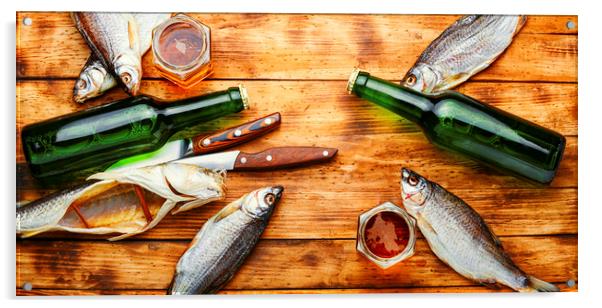 Dried fish and beer Acrylic by Mykola Lunov Mykola