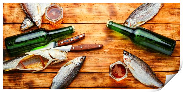 Dried fish and beer Print by Mykola Lunov Mykola