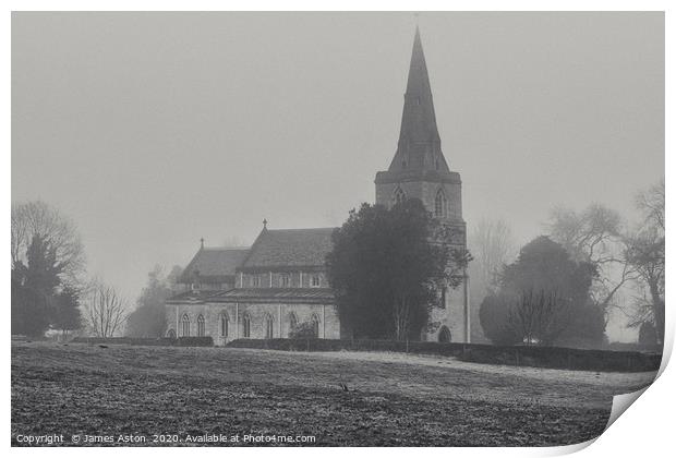 Misty Monring surrounding St Peters Church Denetho Print by James Aston