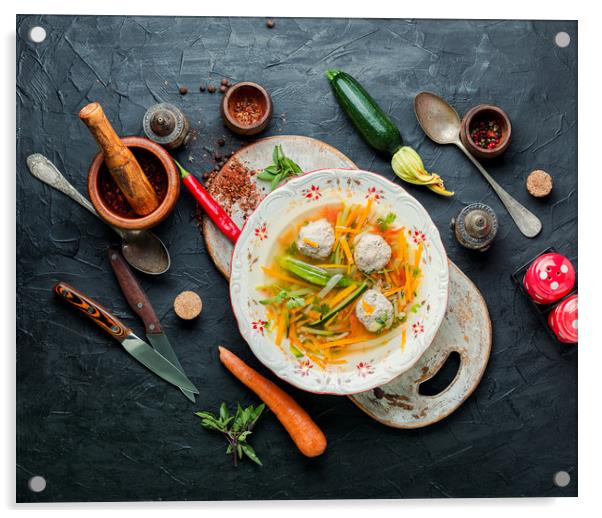 Soup with meatballs and zucchini Acrylic by Mykola Lunov Mykola