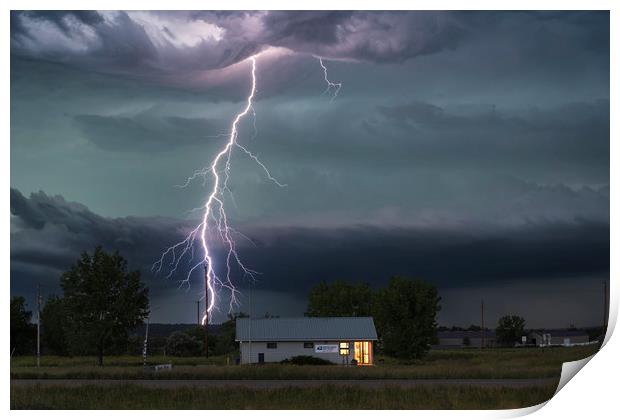 Forked Lightning Over a Montana Post Office, USA.  Print by John Finney
