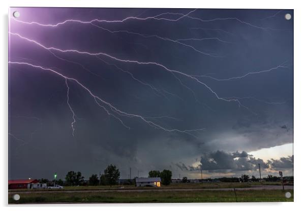 Forked Lightning Over a Montana Post Office, USA.  Acrylic by John Finney