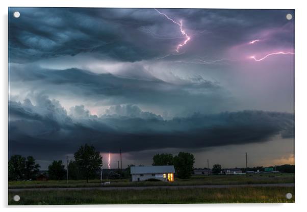 Forked Lightning Over a Montana Post Office, USA.  Acrylic by John Finney