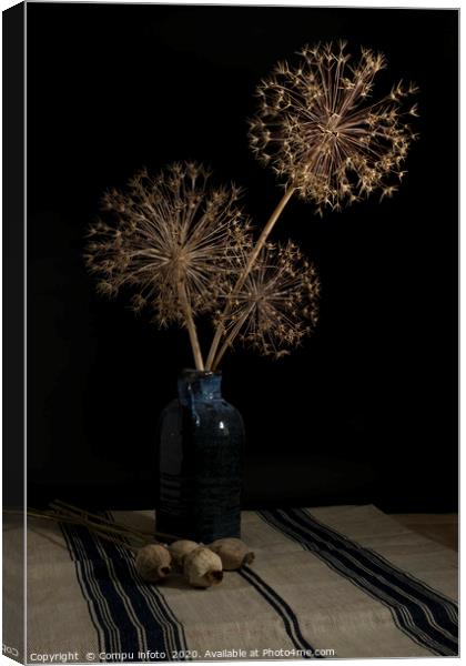 vertical still life of blue vase with dried onion  Canvas Print by Chris Willemsen