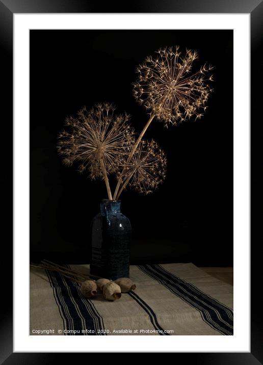 vertical still life of blue vase with dried onion  Framed Mounted Print by Chris Willemsen