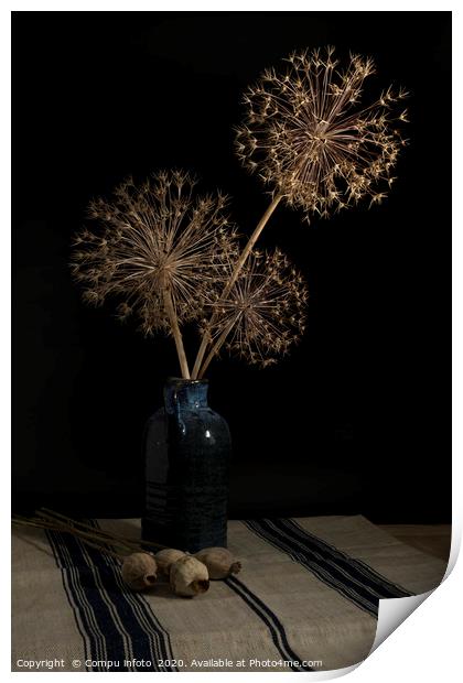 vertical still life of blue vase with dried onion  Print by Chris Willemsen