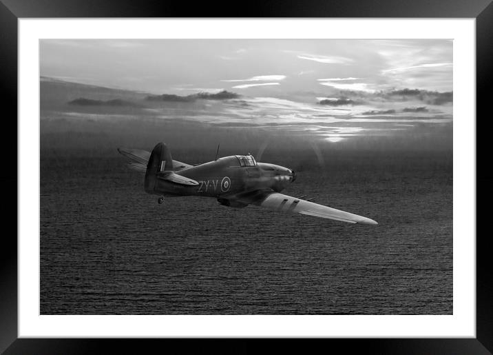 RAF Hurricane night fighter dusk patrol, B&W versi Framed Mounted Print by Gary Eason