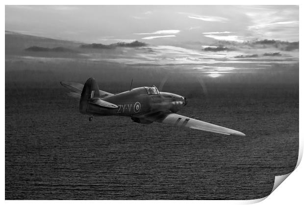 RAF Hurricane night fighter dusk patrol, B&W versi Print by Gary Eason