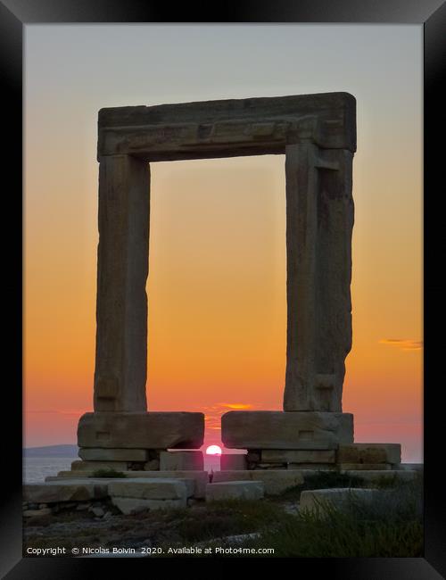 Sunset on Portara - ruins of ancient temple of Del Framed Print by Nicolas Boivin