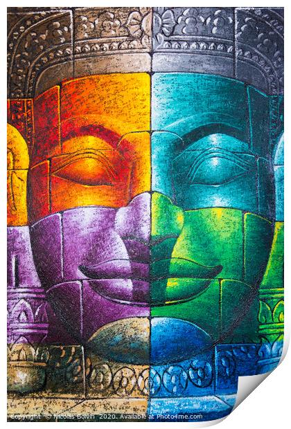 Colored cambodian buddha face Print by Nicolas Boivin