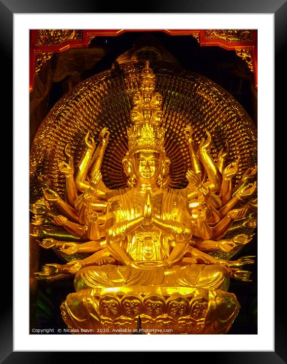 Golden statue in famous Bai Dinh temple Framed Mounted Print by Nicolas Boivin