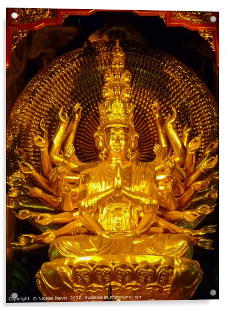 Golden statue in famous Bai Dinh temple Acrylic by Nicolas Boivin