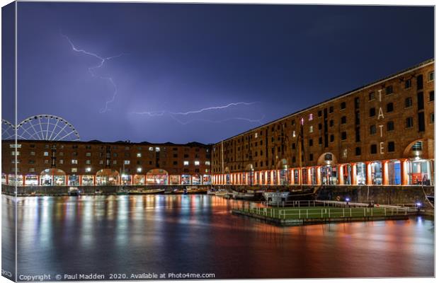Lightning over the Albert Dock Canvas Print by Paul Madden