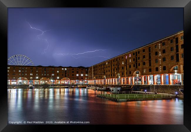 Lightning over the Albert Dock Framed Print by Paul Madden