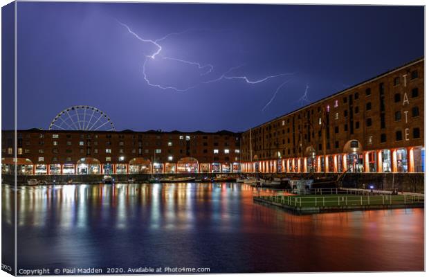 Lightning over the Royal Albert Dock Canvas Print by Paul Madden