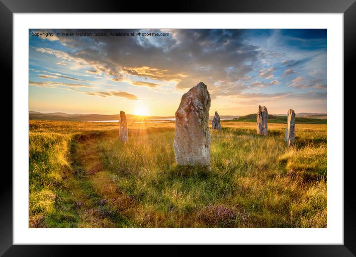 Dranatic sunset over Ceann Hulavig stone circle on Framed Mounted Print by Helen Hotson