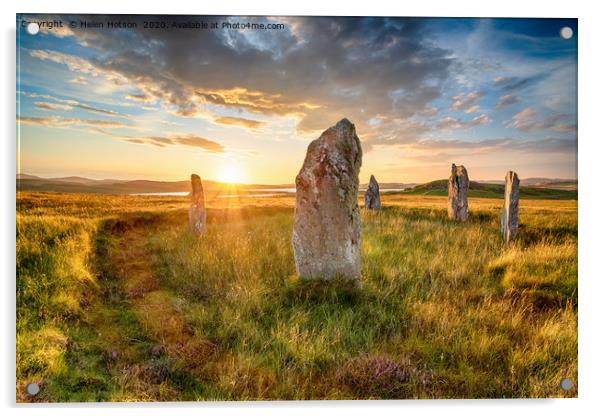 Dranatic sunset over Ceann Hulavig stone circle on Acrylic by Helen Hotson