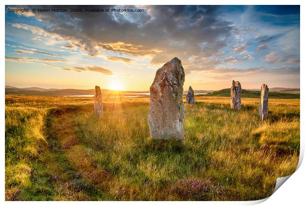 Dranatic sunset over Ceann Hulavig stone circle on Print by Helen Hotson