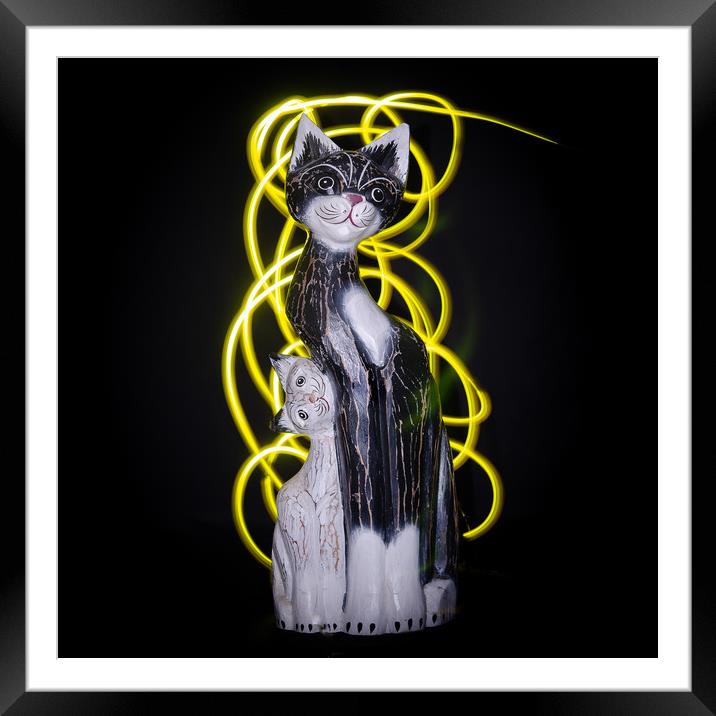 Cat and her kitten, light painting. Framed Mounted Print by Bryn Morgan