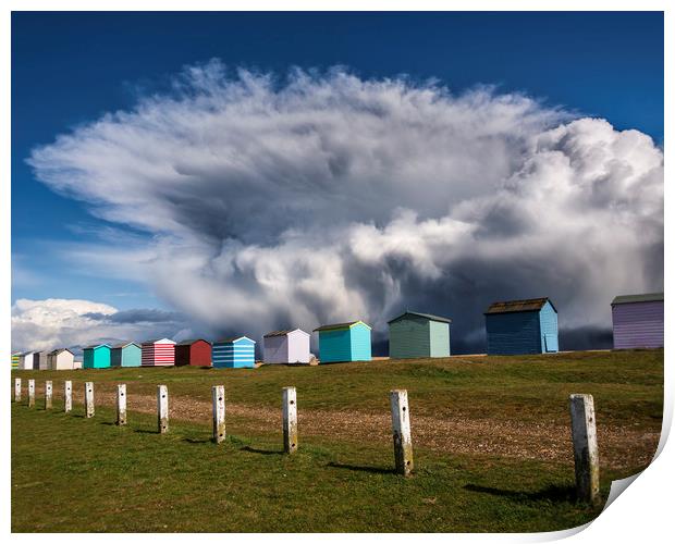 The Beach huts of Folkestone with Storm Katie  Print by John Finney