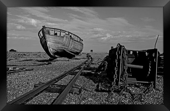 Boat on Dungeness shore with hauling chains Framed Print by Jenny Hibbert