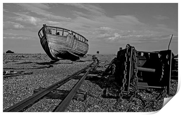 Boat on Dungeness shore with hauling chains Print by Jenny Hibbert