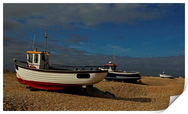 Boats moored on Dungeness beach Print by Jenny Hibbert