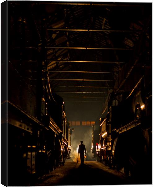 Worker in loco shed  Canvas Print by Jenny Hibbert