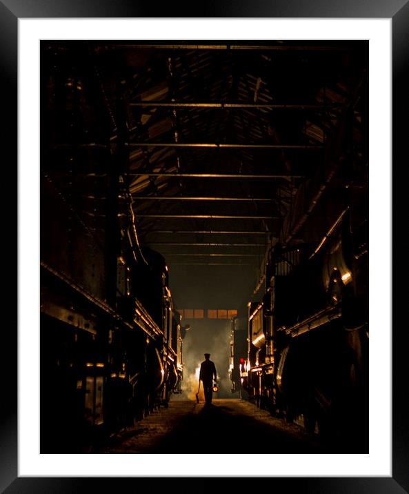 Worker in loco shed  Framed Mounted Print by Jenny Hibbert
